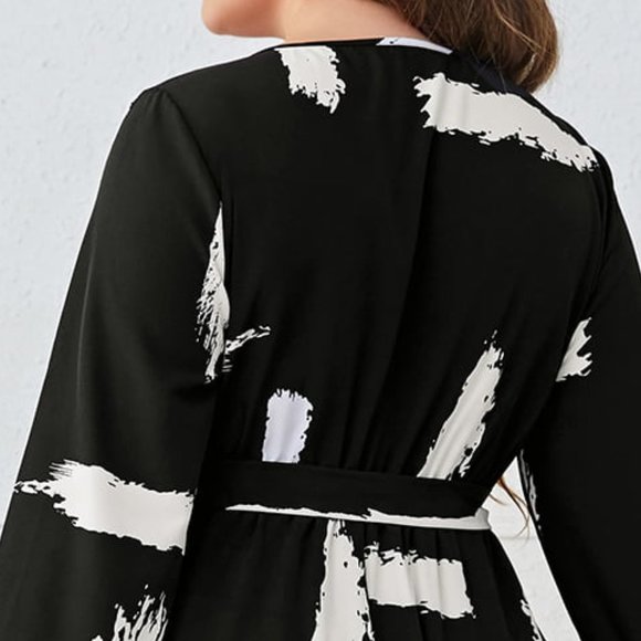 Melo Apparel Plus Size Printed Tie Belt Flare Sleeve Round Neck Midi Dress - Picture 6 of 7